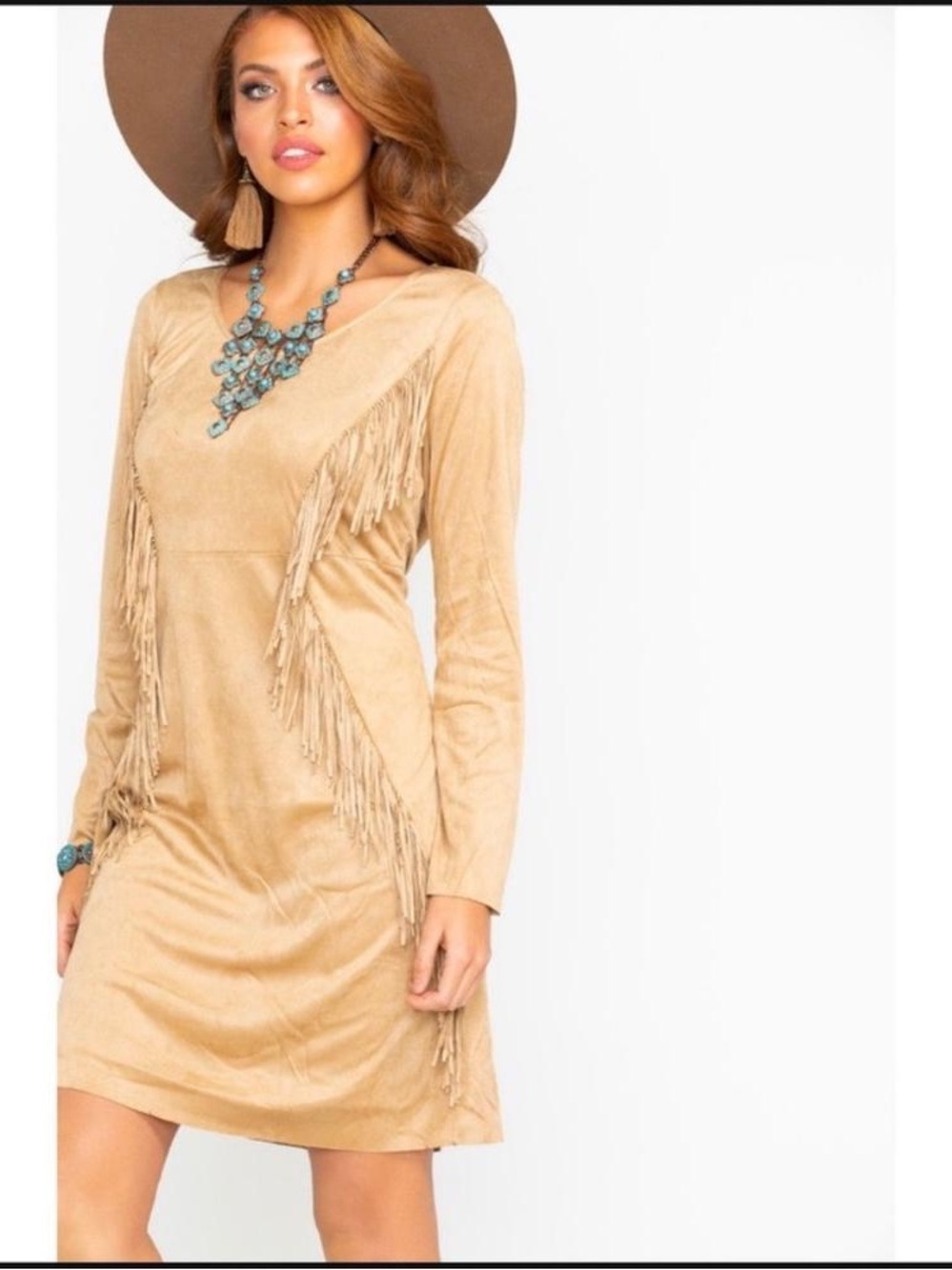 Ariat Taupe Fringe Faux Suede Long-Sleeve Dress